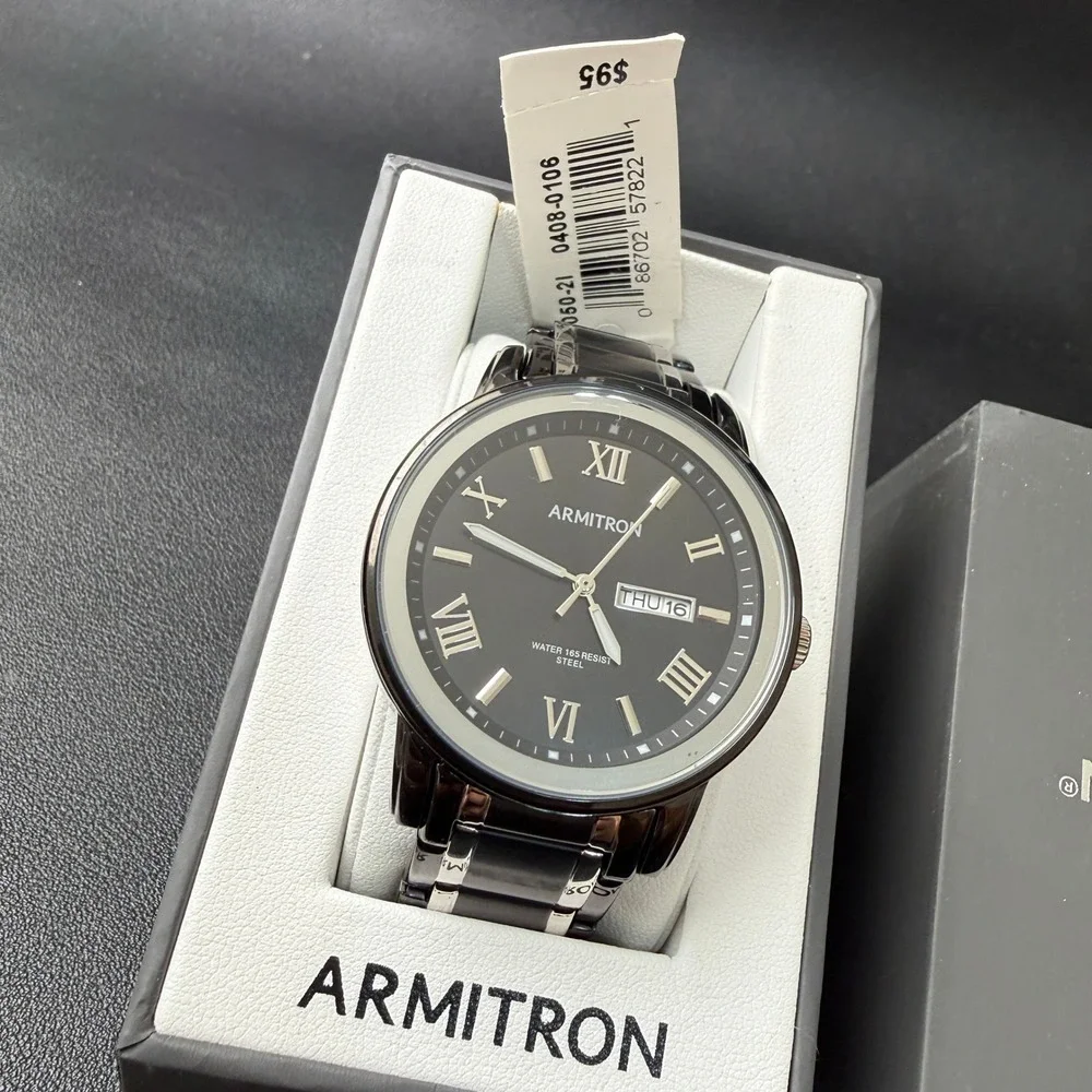 MSRP $95 Armitron Mens 20/4935TB Day/Date Black/Silver‎ Tone Bracelet Watc